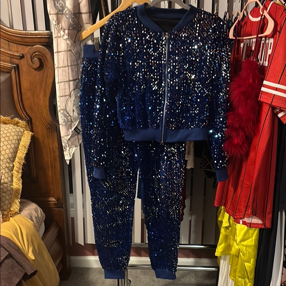 Blue Sequin Track Suit with Varsity Flair